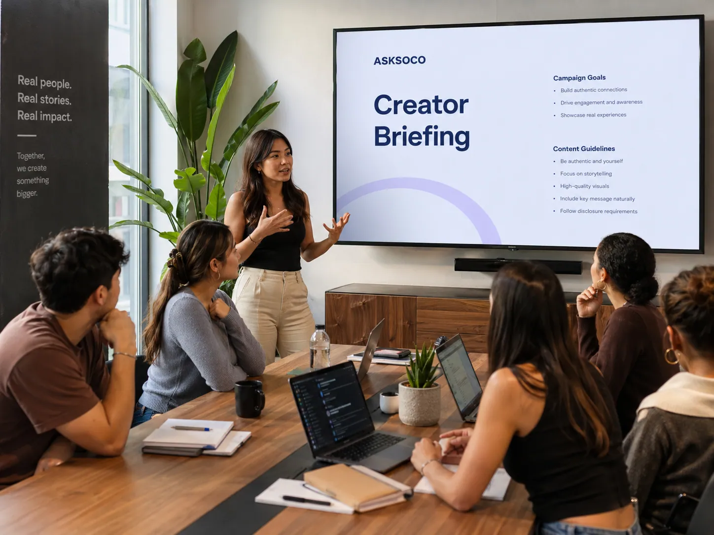 AskSoco operating team running a creator briefing — affiliates, ads, live programs, and fulfillment coordinated as one engagement.