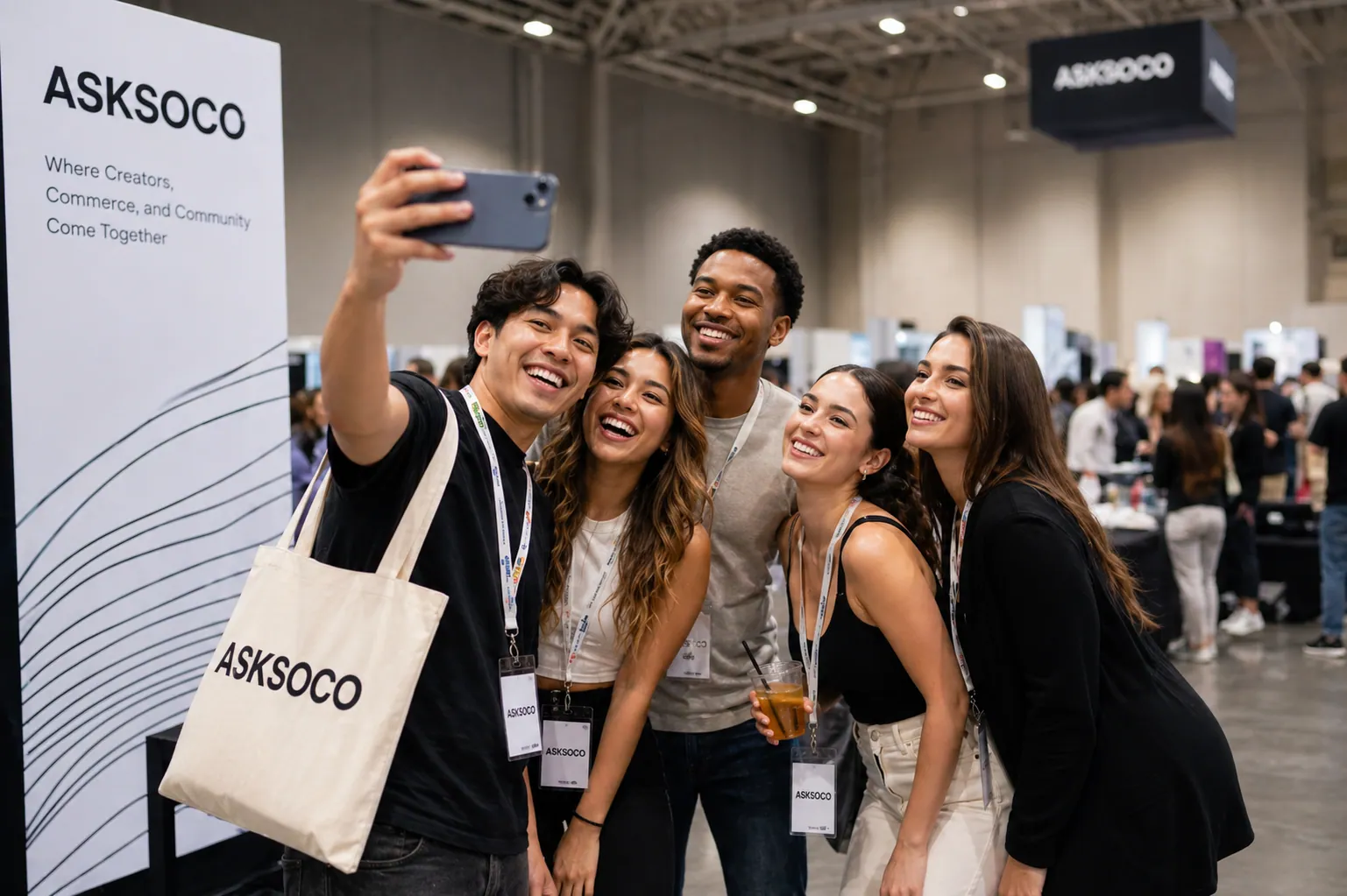 AskSoco booth attendees gathered for a group photo at a creator commerce event.