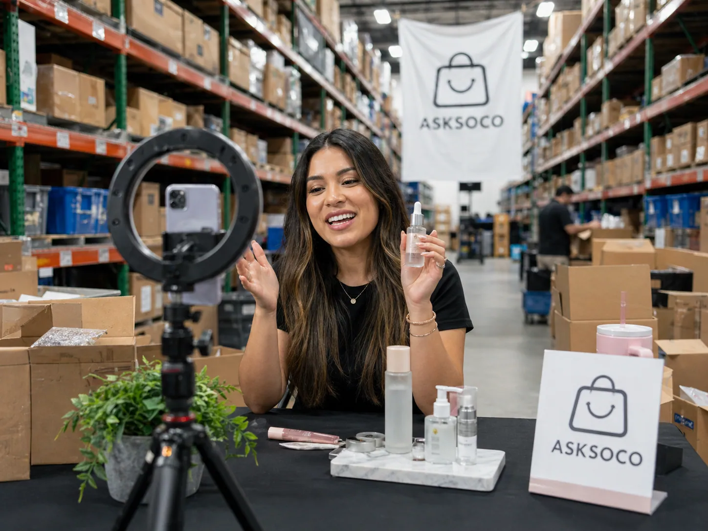 AskSoco host livestreaming inside a warehouse, with shelves of packaged inventory in the background.