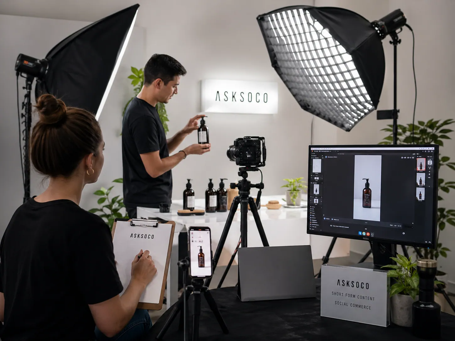 AskSoco production studio in active operation — cameras, ring lights, and product styling for a TikTok Shop content shoot.