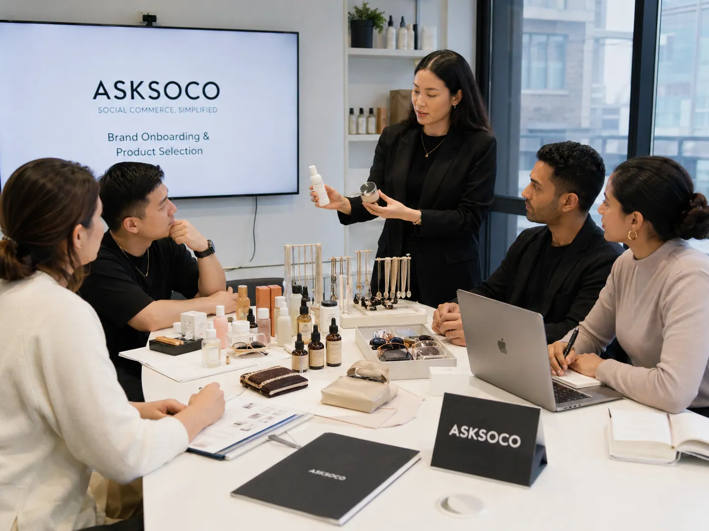 AskSoco team running a brand onboarding session, reviewing product selection on a presentation screen.